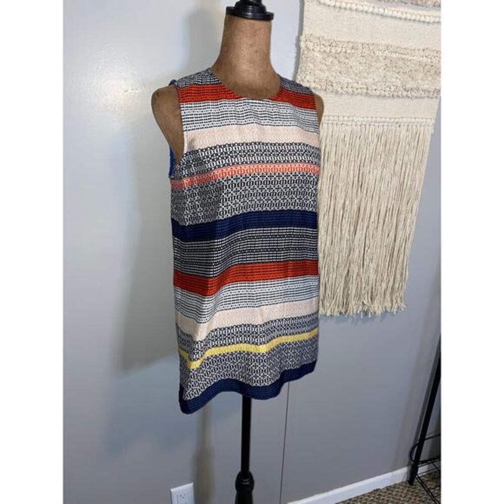 Vince Camuto Womens XS Sleeveless Multicolor Geometric Stripe Blouse Split Hem